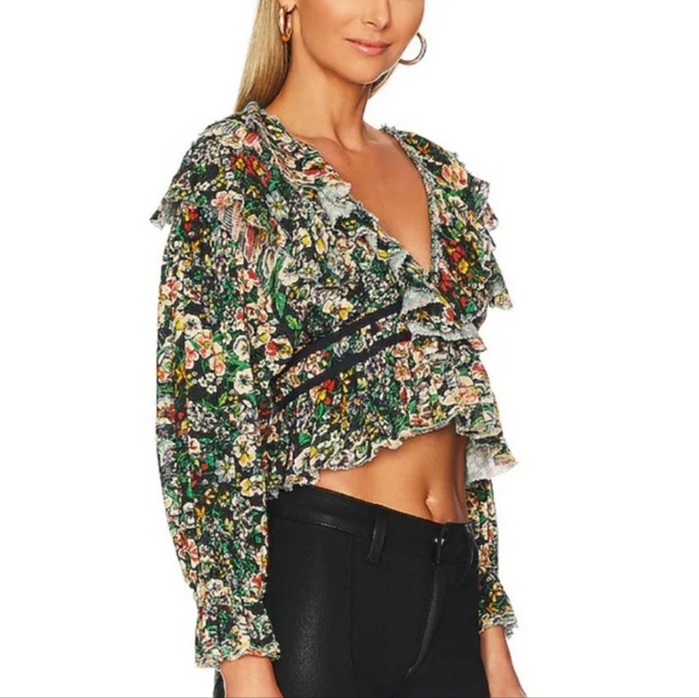 Free People Rudi Ruffle Night Black Orange Floral Garden Printed Top - Picture 9 of 10
